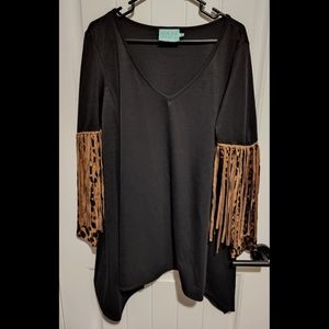 Judith March black tunic top leopard fringe large could fit XL